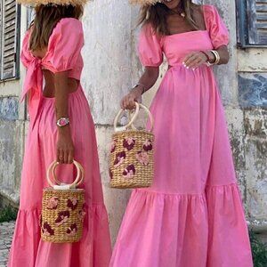 Pink Casual Women's Summer Holiday Solid Color Square Neck Puff Sleeve Dress